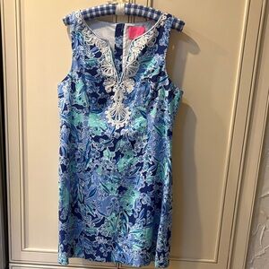 Sleeveless Blue & Aqua Floral Shift Dress with White Lace Trim